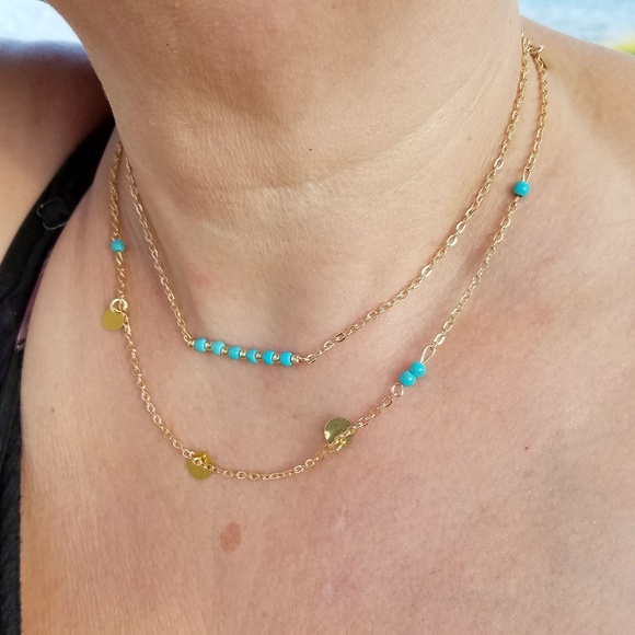 Double Strung BOHO Gold Turquoise Necklace - Picture 5 of 5